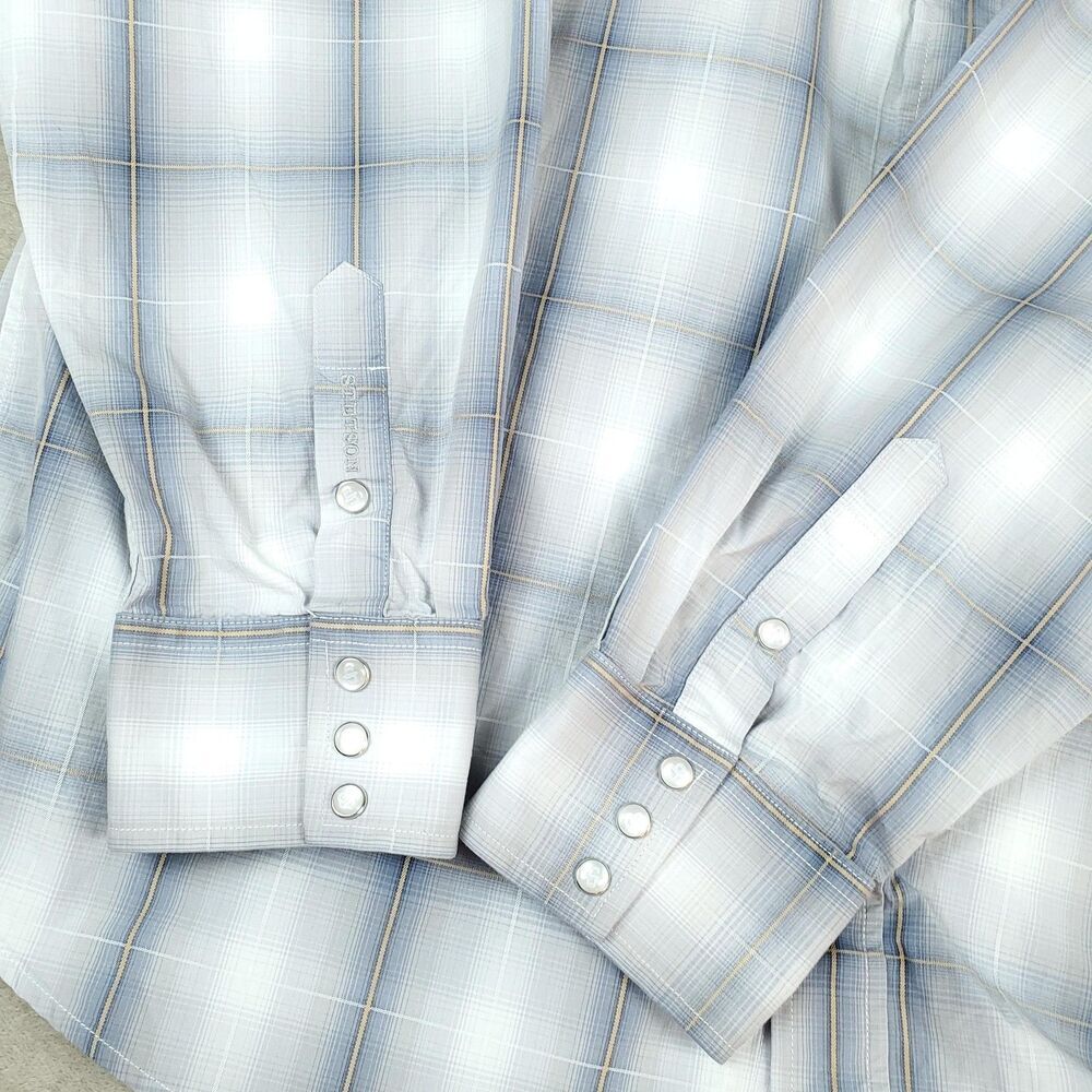 Stetson Shirt Mens XXL Blue White Plaid Pearl Snap Flip Cuff Western Cowboy - Picture 4 of 16